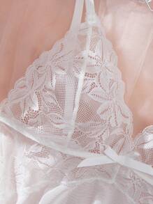 Women's Solid Color Mesh Contrast Lace Sheer Sexy Slip Dress - White - View 4