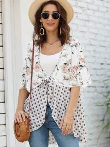 Cárdigan estilo kimono bohemio con estampado floral para mujer de PiePieBuy, manga 3/4 con volantes, ligero y holgado con lazo - Blanco - Ver 4