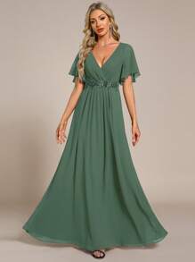 Elegant V-Neck Embroidered Ruffle Sleeve Pleated Chiffon Olive Green Bridesmaid Dress, Formal Wedding Guest Dress, Semi-Formal Autumn Attire - Olive Green - View 7