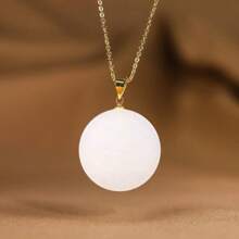 1Pc Natural Emerald Square Pendant Necklace, Nephrite Peace Circle Brand Sweater Necklace, Chakra Green Gem Necklace, All Hand-Carved, Male And Female Couples Fashion Necklace, Meaning Peace, Freedom, Wealth, Family Happiness, Suitable For Family Gifts, Christmas And Various Holiday Party Gifts, Crystal Gifts (Random Gifts: Lanyard, Gift Box) - Round White - View 1