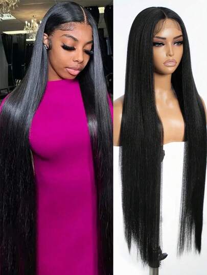 40Inch Lace Front Wigs Synthetic Hair 1 Meter Black Straight Hair Wigs 13*4*1 T Part Lace Front Wig Straight Hair Super Long Straight Wigs Pre-Plucked Synthetic Straight Lace Front Wig For Women. Affordable Wigs, Fashion Hair Extensions, Holiday Wigs, Christmas, Christmas Eve, And Other Festive Fashion Wigs