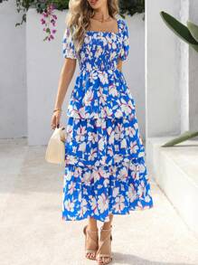 Women Summer Puff Short Sleeve Midi Dress Floral Printed Square Neck Smocked Dress Ruffle Tiered Flowy Long Dress Casual Spring Holiday Vacation Garden Boho Bohemian Wedding Guest Valentine Maxi Dress - 藍色花 - 查看 4