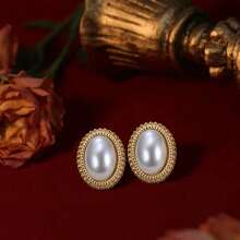 MONALLY 18K Gold Plated 1pair Luxury Fashion Oval Pearl Earrings Elegant For Women Stainless Steel Jewelry Birthday Gift For Banquet
