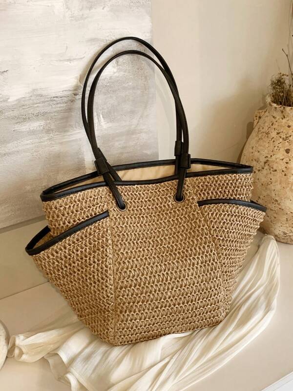 1 pieza Bolso de hombro tipo tote de gran capacidad y de un solo color con múltiples bolsillos, bolso de mano de paja de moda, bolso de compras elegante, adecuado para playa, vacaciones y uso diario para mujeres