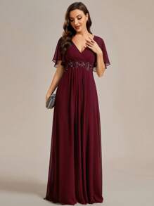 Elegant V-Neck Embroidered Ruffle Sleeve Pleated Chiffon Burgundy Bridesmaid Dress, Wedding Guest Dress, Semi-Formal Evening Gown, New Year Dress - Burgundy - View 5