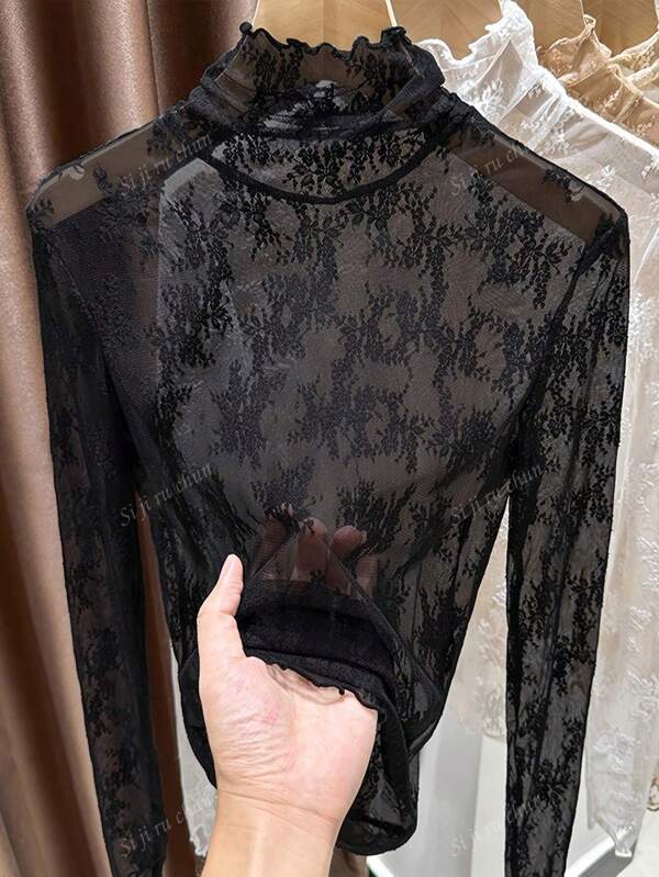 Thin High Neck Lace Camisole For Women, Ruffle Trim Mesh Undershirt 2024 Spring/Autumn New Arrival