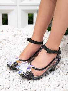 New Girls Sequin Round Toe High Heel Dress Shoes, Transparent Glass Jelly Princess Shoes, Cute Thick Heels For Little Girls - Black - View 6