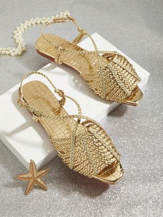 Gold PU Leather Handwoven Strap & Stone Textured Material Platform Flat Sandals For Women, Vacation Style