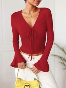 hoteel Women's V-Neck Pleated Self-Tie Slim Fit Bell Sleeve T-Shirt - 紅色 - 查看 2