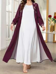 Womens Caftan Dress Abaya Robe Long Sleeve V Neck Graphic Print Zip Up Loose Kaftan Dress - Purple - View 8