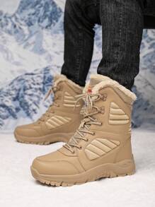 Men's Solid Color Faux Leather Spliced Thick Warm Anti-Slip Snow Boots, Outdoor Versatile Couples Big Size Snow Sports Shoes,