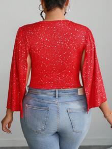 Plus Size Fashion Red T-Shirt With Silver Print And Split Sleeve, Cropped - Red - View 6
