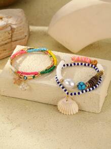 4 件装女士波西米亚风格海滩元素玻璃珠、海星、贝壳、水晶球吊坠手链套装 - 彩色 - 查看 3