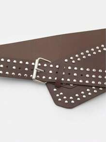1 Pc Women's Vintage Punk Studded Faux Leather Belt - Brown - View 2