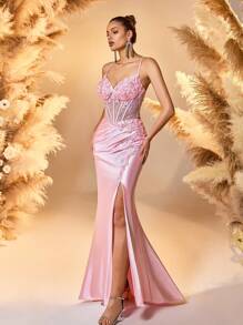美人鱼细肩带贴花舞会晚礼服甜心透视粉色派对礼服、婚礼宾客礼服、正式礼服 - 淺粉色 - 查看 5