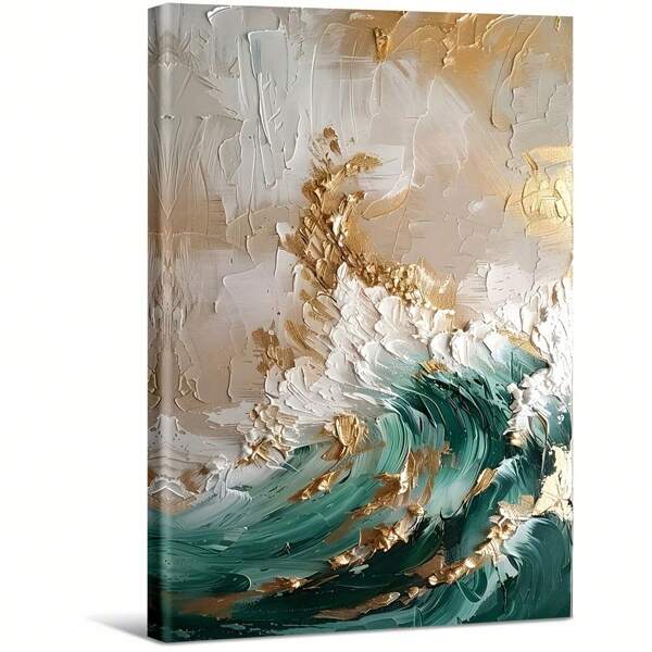 Vernice colorata e disegno di onde dorate e lucide. Grande dipinto a olio con cornice in legno, decorazione per la casa, dipinto a parete, camera da letto, bagno, soggiorno, ufficio, cucina, regali di Natale - 1 pezzo