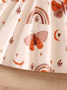 年轻女孩休闲彩虹蝴蝶印花无袖圆领连衣裙，适合日常休闲、旅行、派对、户外穿着、夏季 - 杏色 - 查看 7