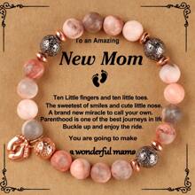 1st First Mother's Day Gifts For New Mom Pink Zebra Natural Stone Beads Bracelet Women With Foot Cute New Parents After Birth Postpartum Mother's Day Card To Daughter Friend