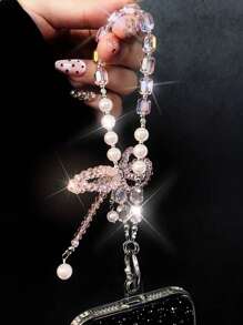 1 件水晶蝴蝶结手机链带、3D 水晶蝴蝶钥匙扣吊饰、珍珠手腕手机挂绳 - 彩色 - 查看 6