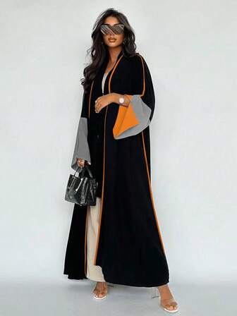 Abaya larga de estilo casual con ribete bicolor y mangas largas, bata modesta