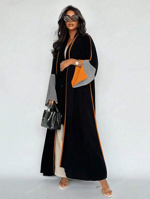 Two-Tone Trim Long Sleeve Casual Style Maxi Abaya, Modest Robe