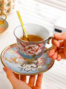 1PC European Ceramic Coffee Cup Set Afternoon Flower Tea Home Luxury Elegant Coffee Cup European Ceramic Coffee Cup Plate Set - Multicolor - View 1