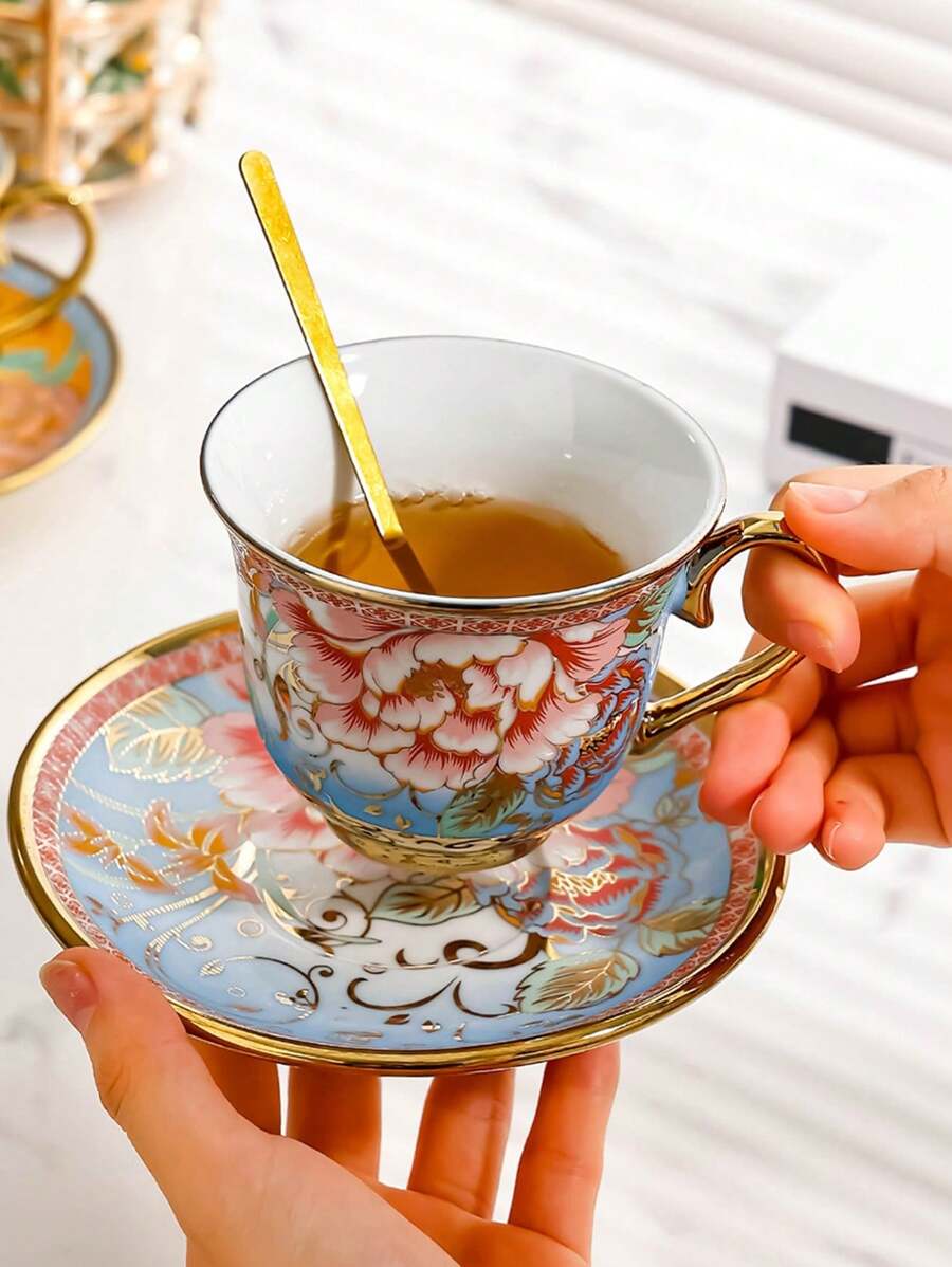 1PC European Ceramic Coffee Cup Set Afternoon Flower Tea Home Luxury Elegant Coffee Cup European Ceramic Coffee Cup Plate Set - Multicolor - View 1