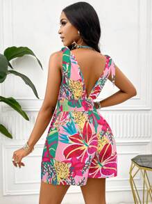 AIJ Amarilo 女士度假风格花卉印花系带肩部褶饰腰部超宽松连体短裤（随机印花） - 粉色 - 查看 2