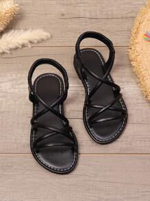 1 Pair White Plus Size Toddler Girls Flat Sandals, Solid Color PU Criss-Cross Strap, Elastic Back Heel Design, Round Toe Open Toe, Non-Slip Lightweight Sole, Fashion & Cute Roman Style Sandals, Suitable For 3-15 Years Old Boys & Girls For Daily, Party, Travel, Spring/Summer - Black - View 2