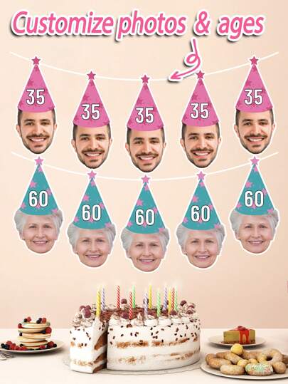 Custom Birthday Hat Face Banner, Custom Bday Face Photo Banner, Birthday Banner, Custom Head On A Banner