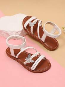 1 Pair Beige Plus Size Girls' Flat Sandals, PU Strap Woven Design With Rhinestone, Pearl & Butterfly Decor, Elastic Back Strap, Round Toe Open Toe Non-Slip Fashion Cute Black Sandals, Suitable For Girls Aged 3-15 For Daily, Casual, Holiday Wear, Summer 2025 New Arrival - Beige - View 4
