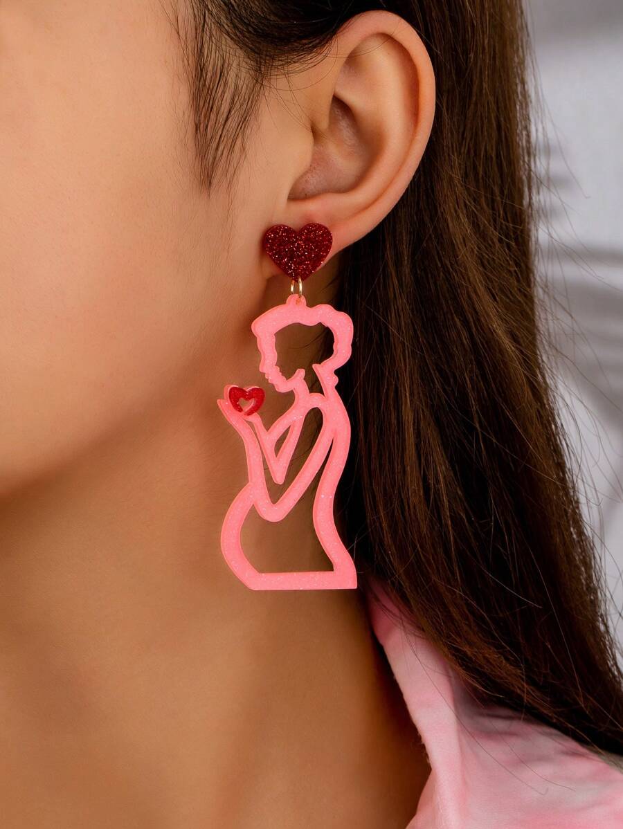 1 对时尚母亲节亚克力心形和孕妇吊坠耳环，可爱礼物 - 愛心人物 - 查看 1