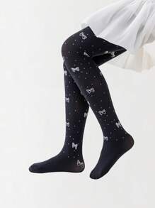 2pairs/Set Girls' Bowknot Leggings, Thin Toddler Pants With Printed Stars & Hearts Pattern
