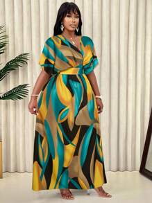 Plus Size Women Geometric Print V-Neck Short Sleeve Casual Dress (Random Floral Pattern) - Blue Yellow - View 3