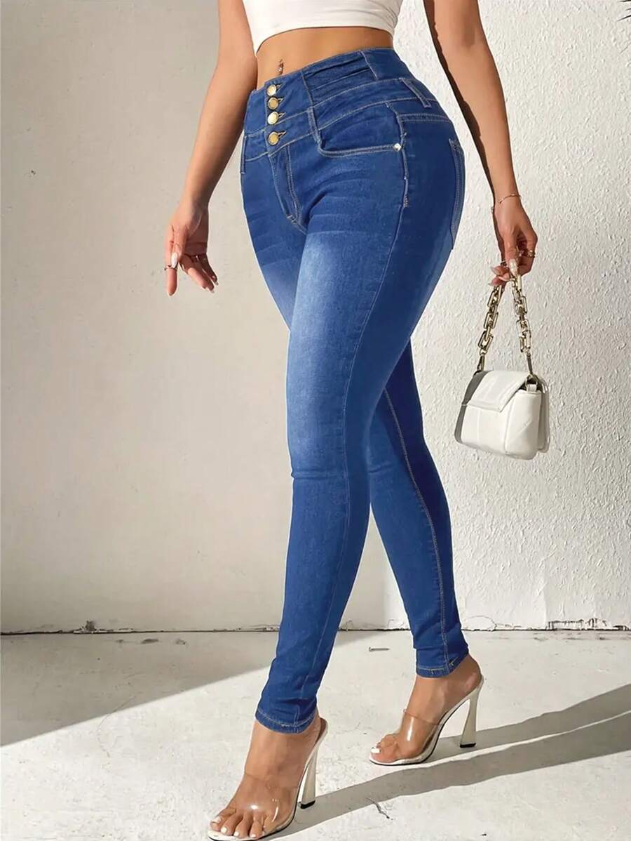 Women's Pocket Button Skinny Fit Jeans - Dark Wash - View 1