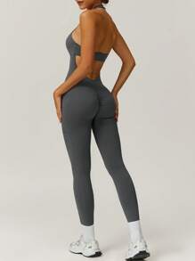 NcmRyu 时尚性感褶皱露背提臀塑身吊带连体衣 - 灰色 - 查看 4