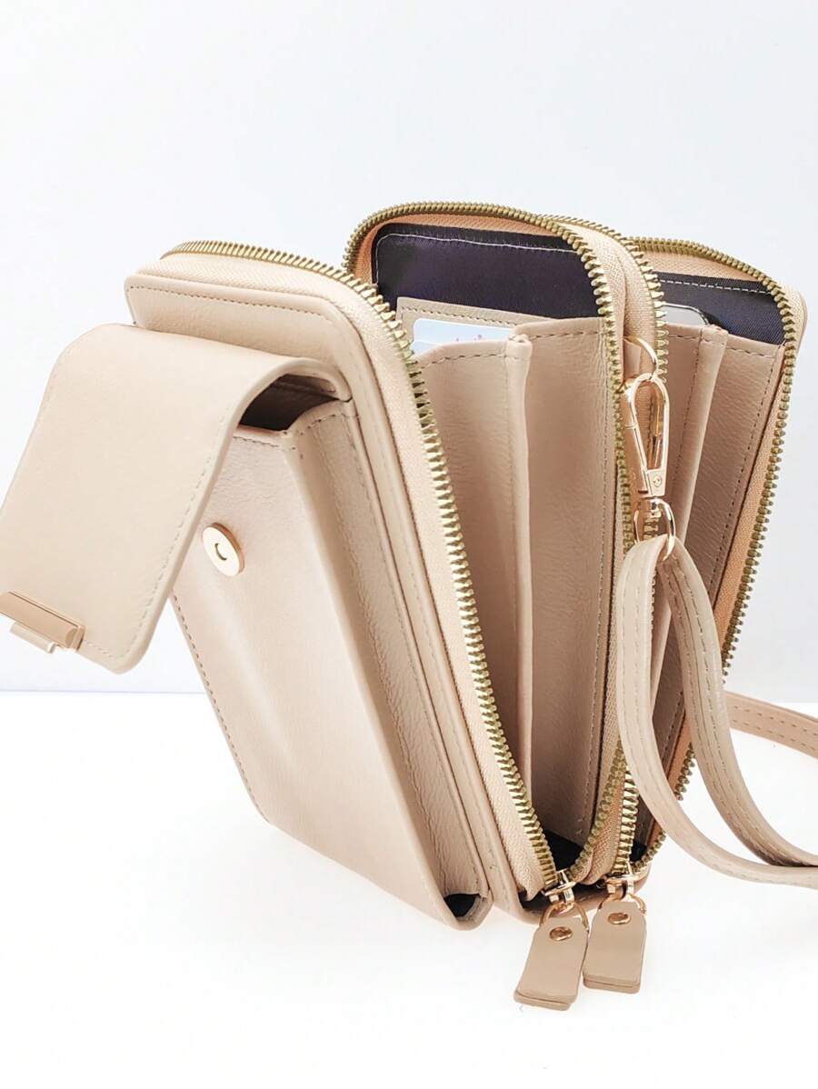 MINGYOU Women's Crossbody Bag, PU Leather, Fashion & Young, Multi-Zipper, Multi-Functional Large Capacity Phone Wallet - Apricot - View 1