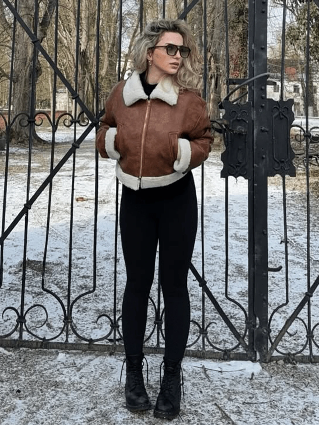 Jeta Ari Classic Fit Vintage Brown Faux Leather Shearling-Lined Aviator Jacket - Grey - View 1