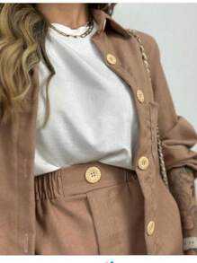 Long Sleeve Top And Shorts Set Combination - Olive Green - View 2