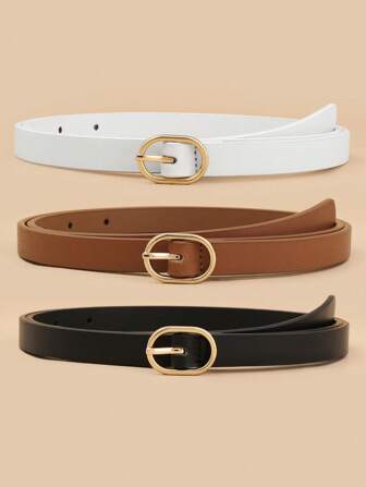 3 件女士腰带椭圆形圆形金色金属扣多色 PU 皮带棕色皮带白色皮带休闲风格连衣裙腰带牛仔腰带日常生活普通和加大腰带夏季、学校秋季、秋季、万圣节