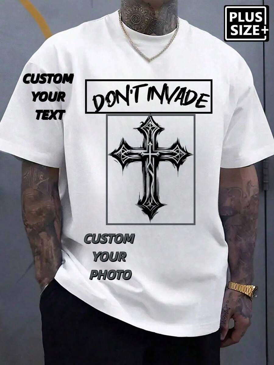 Plus Size Customized Text/Photo Men's T-Shirt, High Street Vintage Style ,Bold & Unapologetic: Custom Text/Photo Tees For Big Guys Who Rule The Streets - Your Message, Your Photo (Up To 6XL),Multi-Occasion Applicability Such As Gym/Nightclub/Hip Hop , Etc. - White - View 1