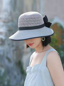 1 件女士夏季太阳帽，宽边，时尚蝴蝶结装饰，简单百搭，适合夏季防晒