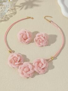 3 件套手工花卉围兜项链和耳环套装，波西米亚风复古优雅多巴胺花朵项链吊坠和耳环首饰套装，适合日常、节日、派对、婚礼、伴娘、音乐节 - 粉色 - 查看 3
