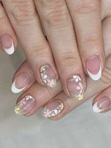 24 Pieces Of Short Nails, Oval Fake Nails, Multi-Color Patch Nails, Nude White Edge Small Floral Pattern Design, Y2k Press Nails, Cute Fake Nails, Nail Supplies, Nail Art Salon, Nails, Suitable For Independence Day Women And Girls