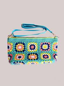 时尚方形奶奶钩针包波西米亚风手工编织女士单肩斜挎包休闲夏季沙滩包巴厘岛购物钱包 - 藍色 - 查看 3
