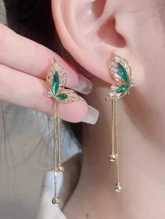 新款绿蝴蝶长流苏耳环，时尚韩式简约奢华百搭耳饰