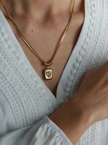 TONSI 1pc Vintage Stainless Steel 18k Gold Plated Double-Layer Snake Bone Chain Necklace With Geometric Heart Pendant, Suitable For Various Occasions For Women