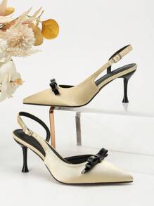 Zapatos de tacón alto con puntera abierta, combinación de dos colores, lazo incrustado, correa trasera, tacón alto delgado, adecuados para el trabajo y fiestas