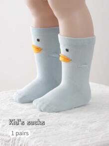 1 Pair Kids Cartoon Duck Print Mid-Calf Socks, Solid Color Infant Floor Socks, For Spring & Summer
