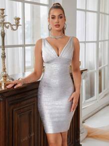Silver Deep V Halter Tight Bandage Dress Prom Party Gowns Cocktail Dress